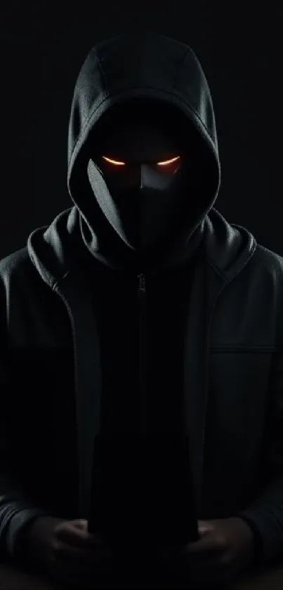 Mysterious hooded figure with glowing eyes in a dark, shadowy background.