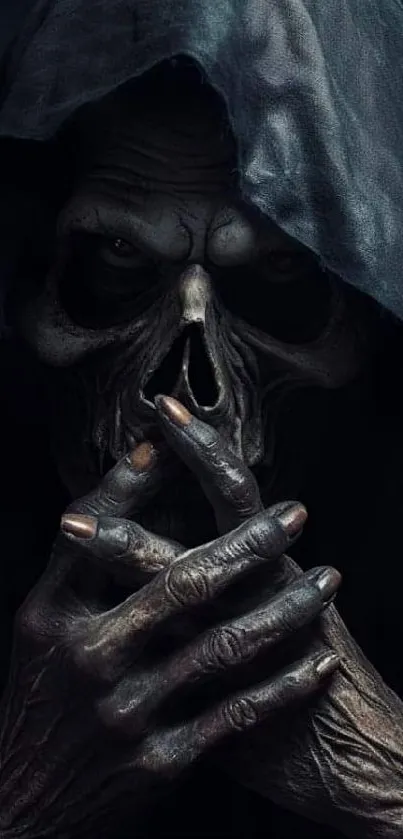 Dark hooded skeletal figure wallpaper for mobile.