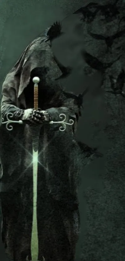 Hooded figure with glowing sword in dark, eerie setting.