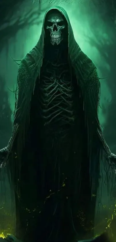 Eerie dark hooded skeletal figure in a green glow background.