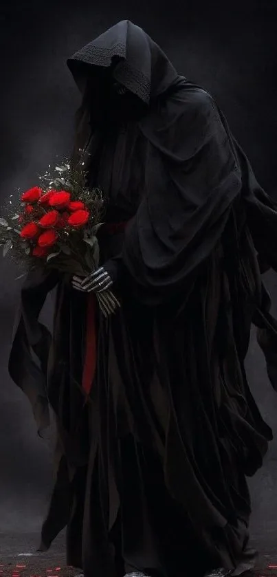 Hooded figure holding red roses with a dark, gothic backdrop.