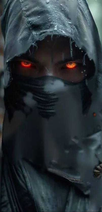 Mysterious hooded figure with glowing red eyes in a dark fantasy setting.