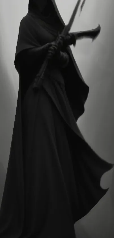 A mysterious hooded figure in dark robes, shadowy theme.