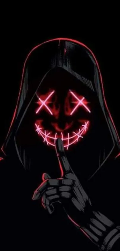 Dark hooded figure with neon red mask, finger raised.