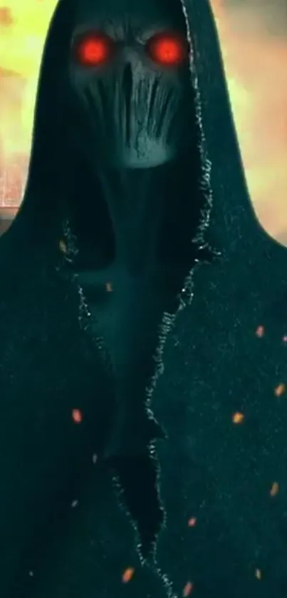 Dark hooded figure with red eyes and fiery background.