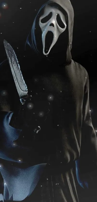 Hooded figure with mask holding a knife in a dark starry backdrop.