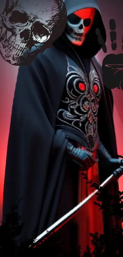 Dark hooded figure with a sword on a vibrant red background.