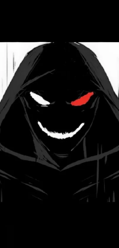 Dark hooded figure with red eye on mobile wallpaper.