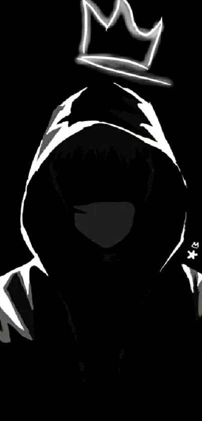 Dark hooded figure with a crown on black background.