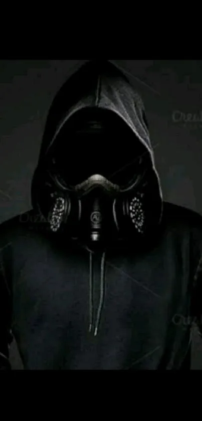 Dark hooded figure with a gas mask in a moody, atmospheric mobile wallpaper.