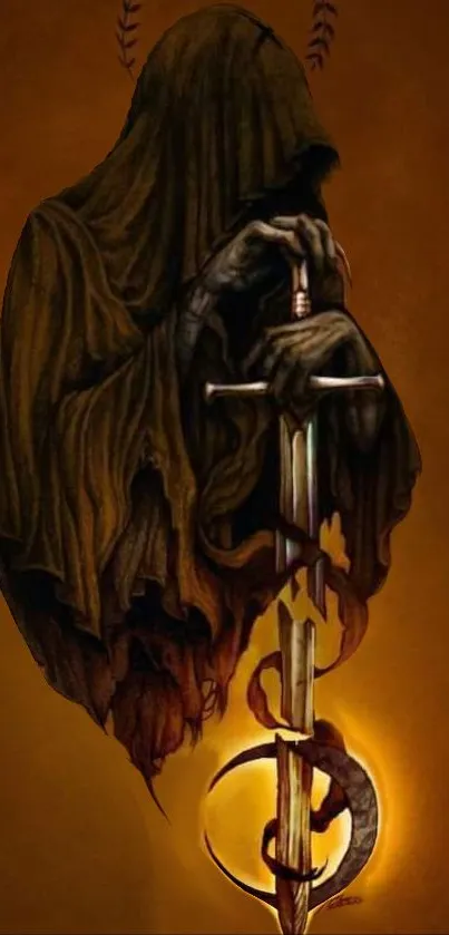 Mystical dark hooded figure with glowing sword in mobile wallpaper.