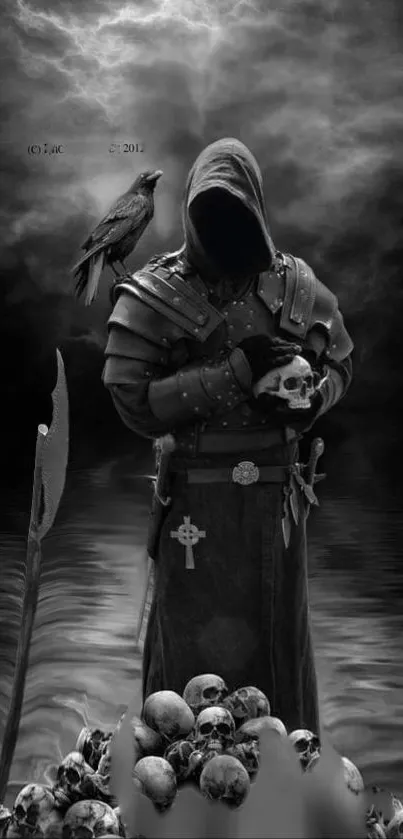 Dark hooded figure with crow and skulls, black and white theme.