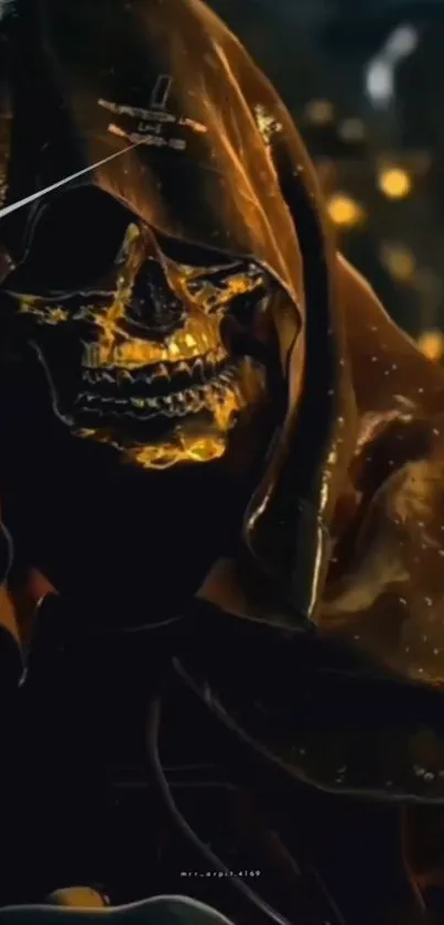 Dark hooded figure with golden skull mask in shadowy theme.