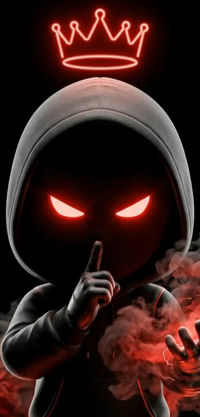 Mysterious hooded figure with red eyes and neon crown on dark background.