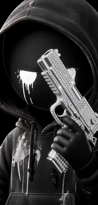 Hooded figure holding a metallic gun in dark setting.