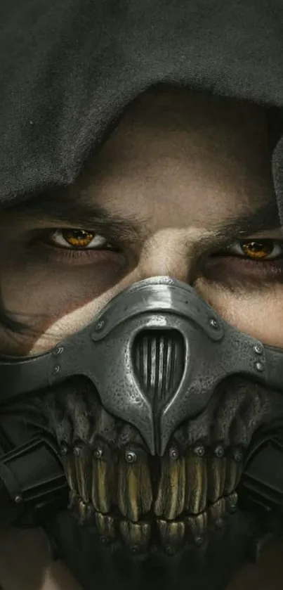 Dark hooded man with steel mask and intense gaze in wallpaper.