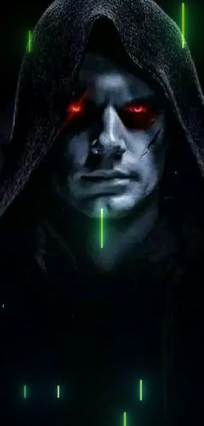 Dark hooded figure with glowing red eyes on black background.