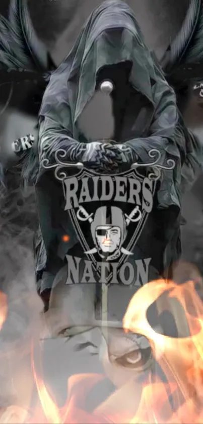 Hooded figure with Raider theme and flames.