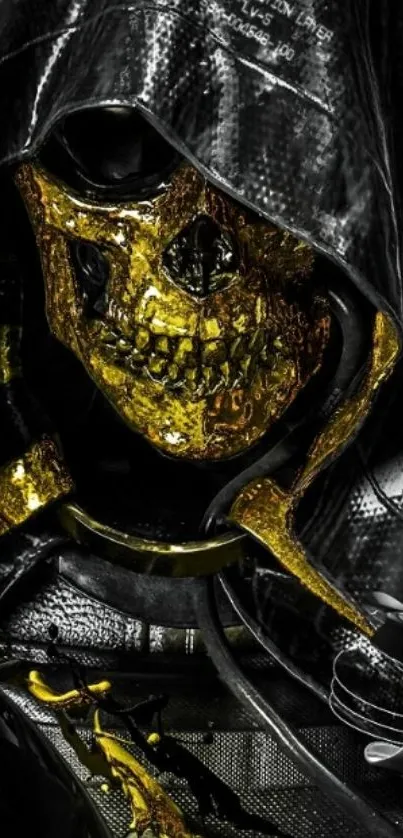 Dark hooded skeleton with gold accents wallpaper for phone.