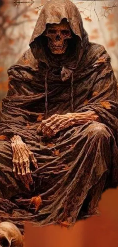 Hooded skeleton in brown robes with autumn leaves in background.