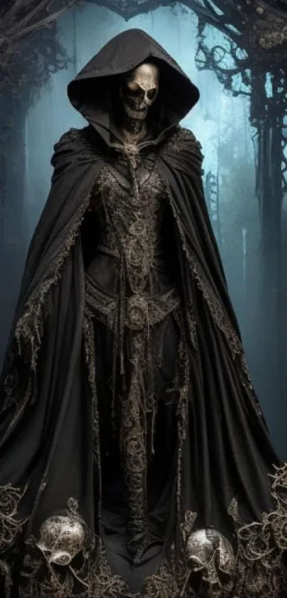 Hooded skeleton in a dark gothic setting.