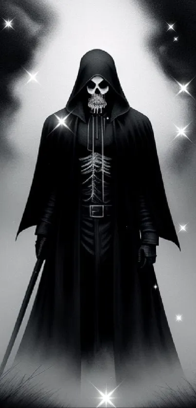 Dark skeletal figure in hooded cloak amid misty backdrop.