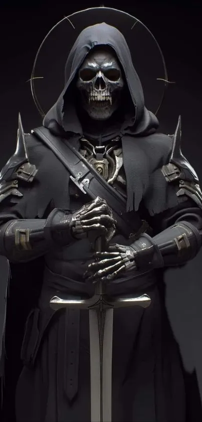 Dark hooded skeleton warrior with detailed armor and sword.