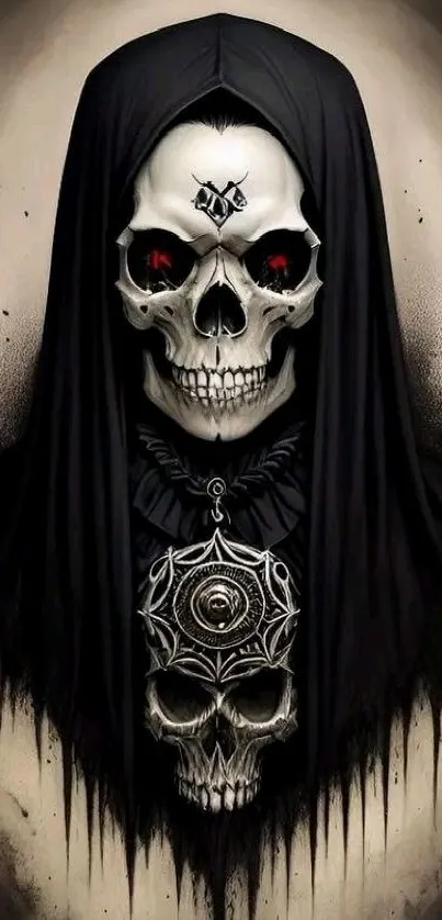 Dark hooded skull with red eyes in gothic art style.