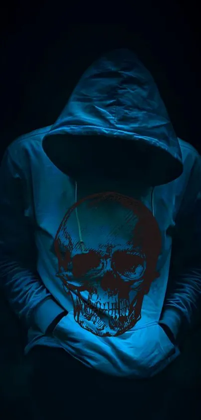 Dark hooded figure with glowing skull design on mobile wallpaper.