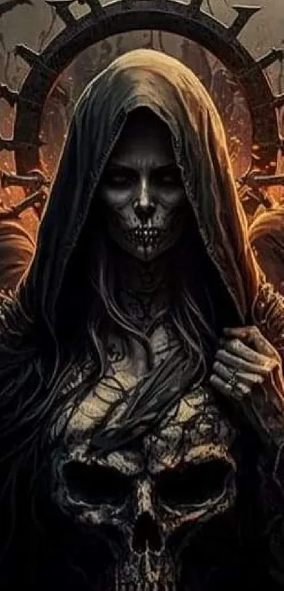 Hooded figure with skull design mobile wallpaper.