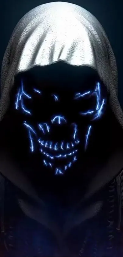 Dark hooded figure with glowing blue skull design on black background.