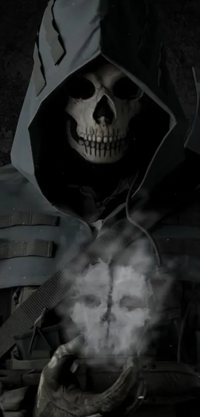 Dark hooded figure with a skull face, ominous and mysterious design.