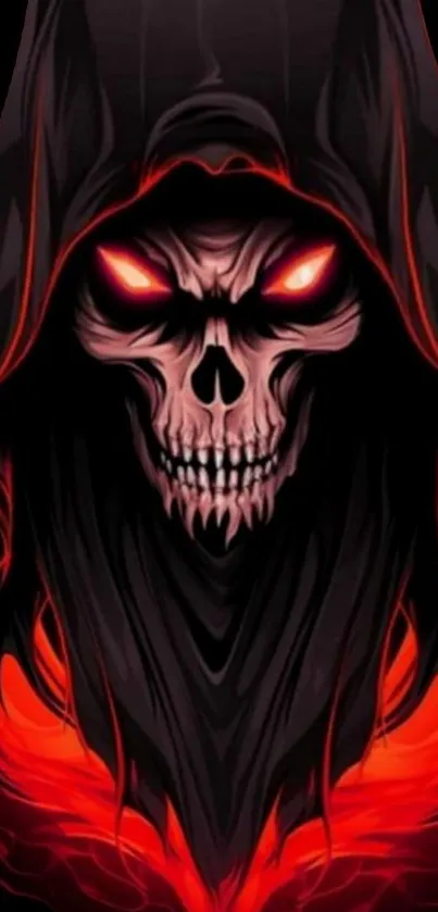 Hooded skull with glowing red eyes, dark theme wallpaper.