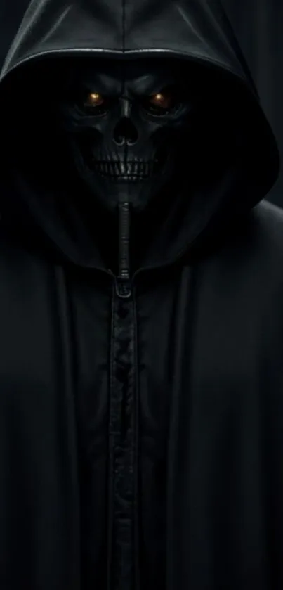 Dark hooded skull with glowing eyes wallpaper.