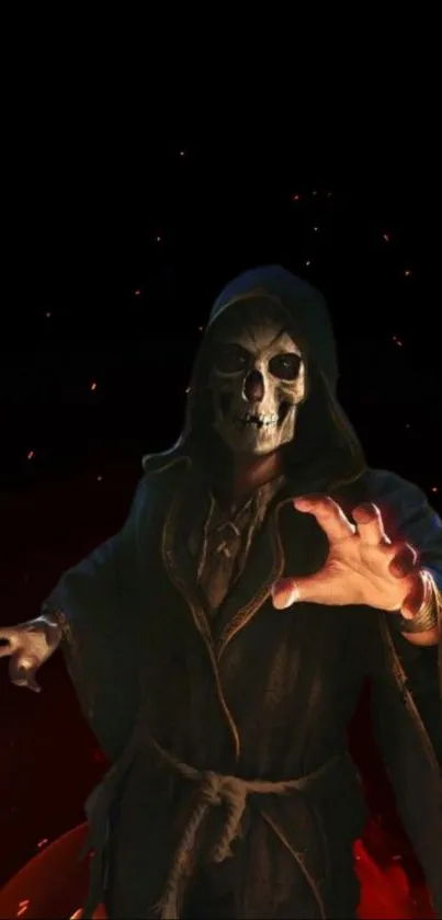 Dark hooded figure with skull in a spooky background.