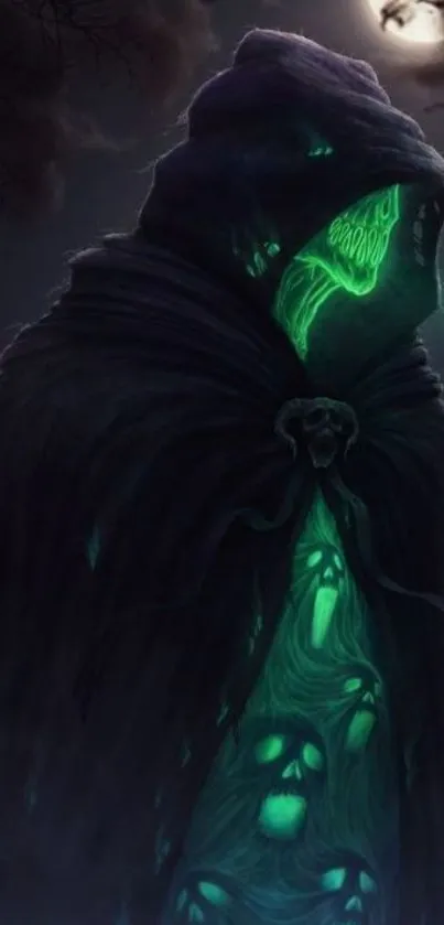 Dark hooded specter with green glow and eerie atmosphere.