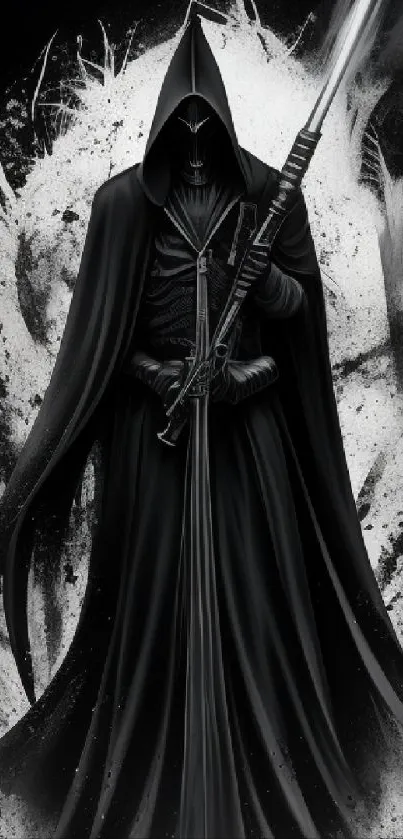 Dark hooded warrior with sword and cloak in black and white art.