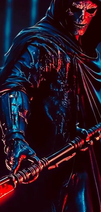 Dark hooded warrior with glowing red staff.