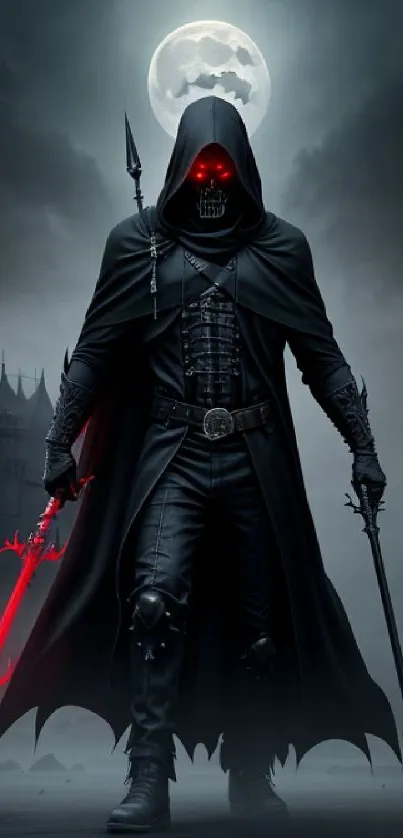 Mystical dark hooded warrior with glowing eyes standing before a castle.