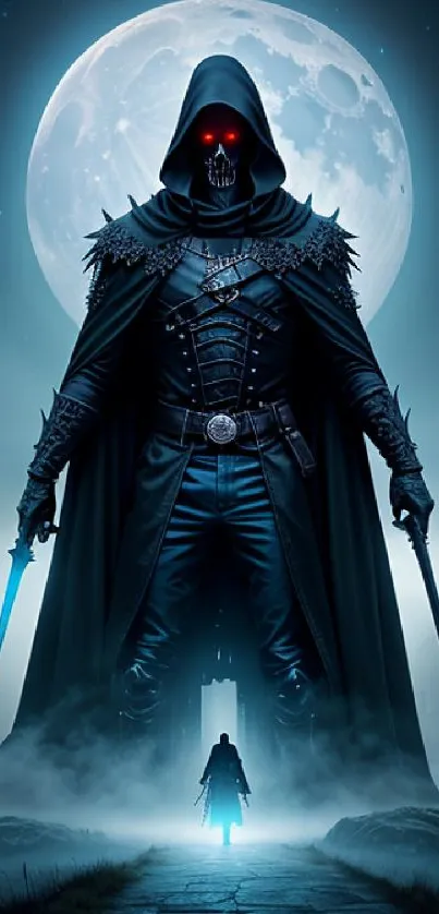 Dark hooded warrior in front of a full moon with glowing red eyes.