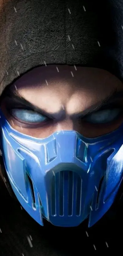 Wallpaper of a dark hooded warrior with a blue mask and glowing eyes.