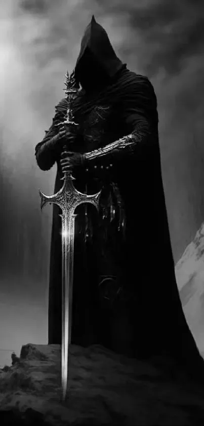 Dark hooded warrior with sword in monochrome misty landscape.