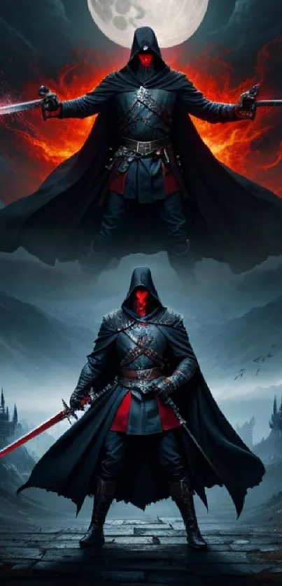 Dark fantasy wallpaper with hooded warrior, moon, and fiery gothic background.