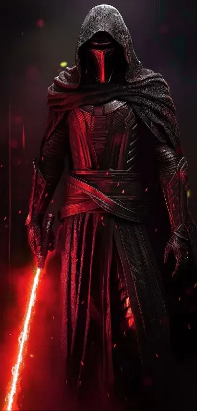 Dark hooded warrior with red glow on mobile wallpaper.