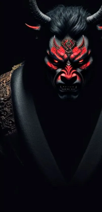 Dark horned demon with red eyes on a black background.