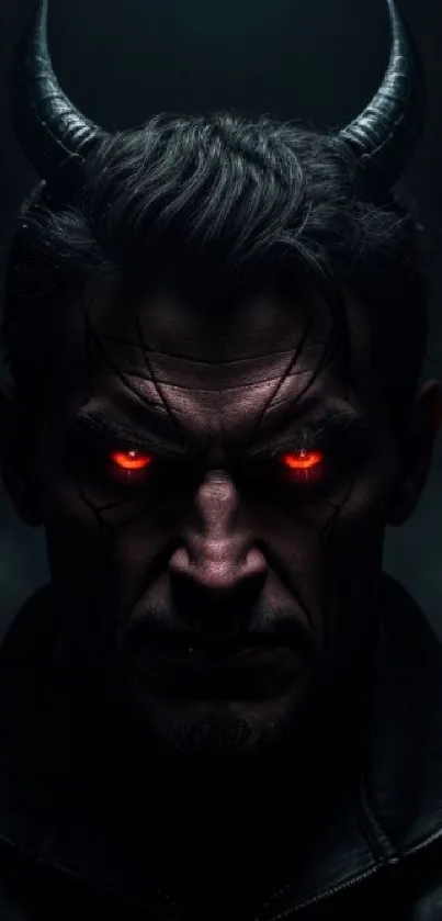 Dark horned figure with glowing red eyes, intense and mysterious.