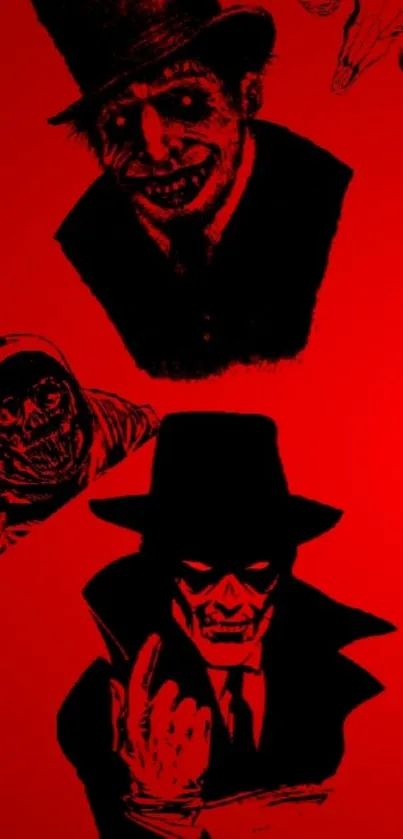 Dark horror wallpaper with eerie figures on red background.