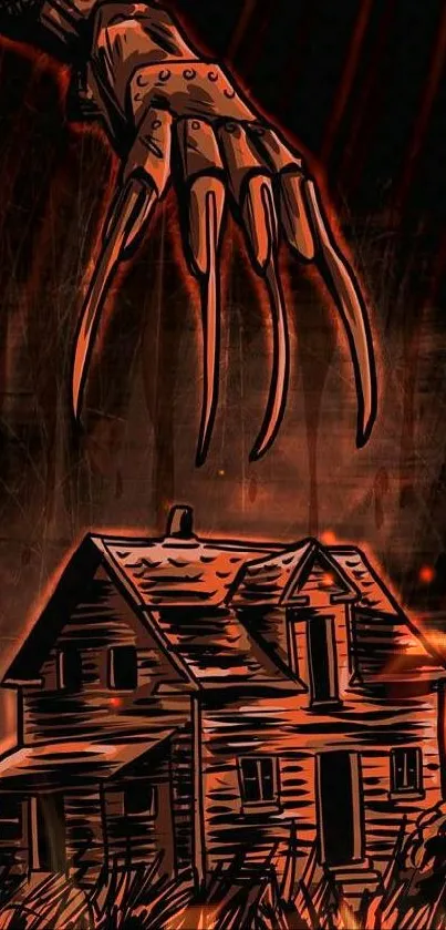 Chilling horror wallpaper with a claw hovering over a dark, eerie house.