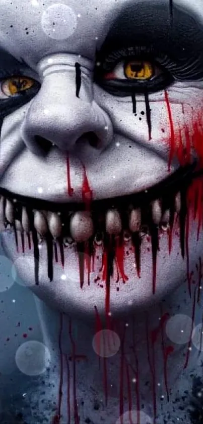 Chilling horror clown wallpaper with eerie colors and a terrifying smile.