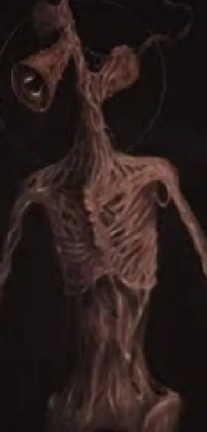 Dark skeletal creature on eerie wallpaper background.